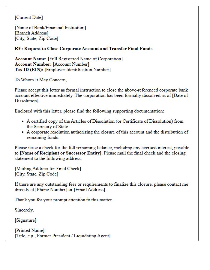 Letter to Transfer Final Funds and Close Corporate Account Following Dissolution