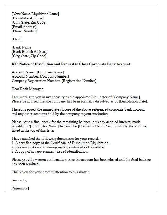 Liquidator Letter to Close Corporate Bank Account After Business Dissolution