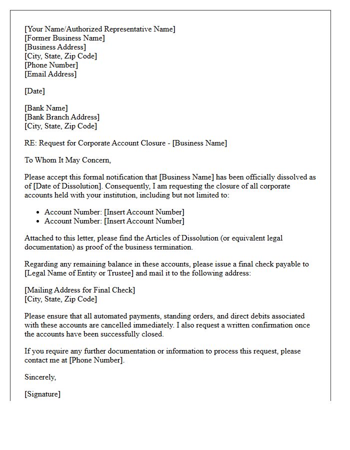 Official Letter Requesting Corporate Account Closure After Business Dissolution