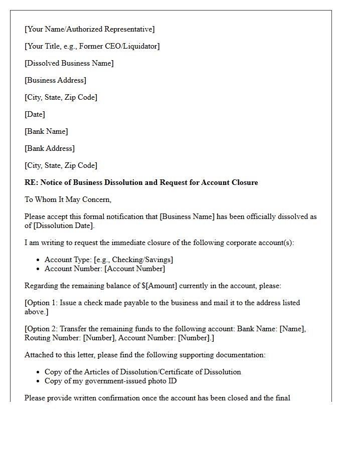 Standard Letter to Close Corporate Account Following Business Dissolution