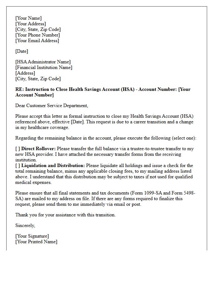 Letter of Instruction to Close Health Savings Account Due to Career Transition