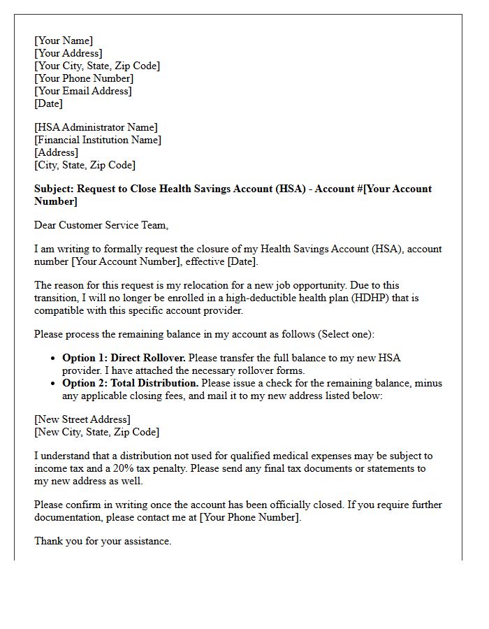 Letter Requesting Closure of Health Savings Account Due to Job Relocation