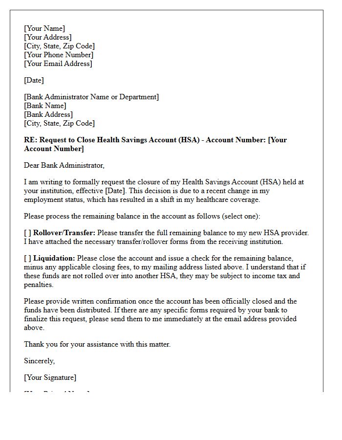 Letter to Bank Administrator to Close Health Savings Account Due to Employment Shift