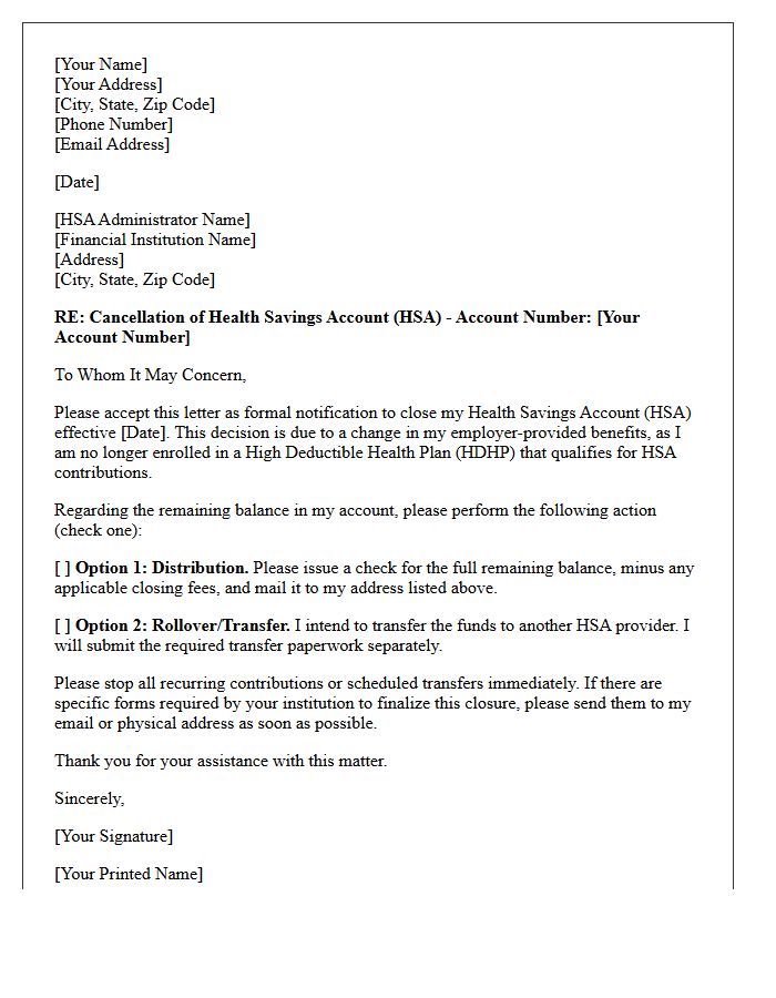 Letter to Cancel Health Savings Account Due to Change in Employer Benefits