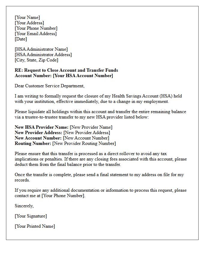 Letter to Close and Transfer Health Savings Account Post Employment Change