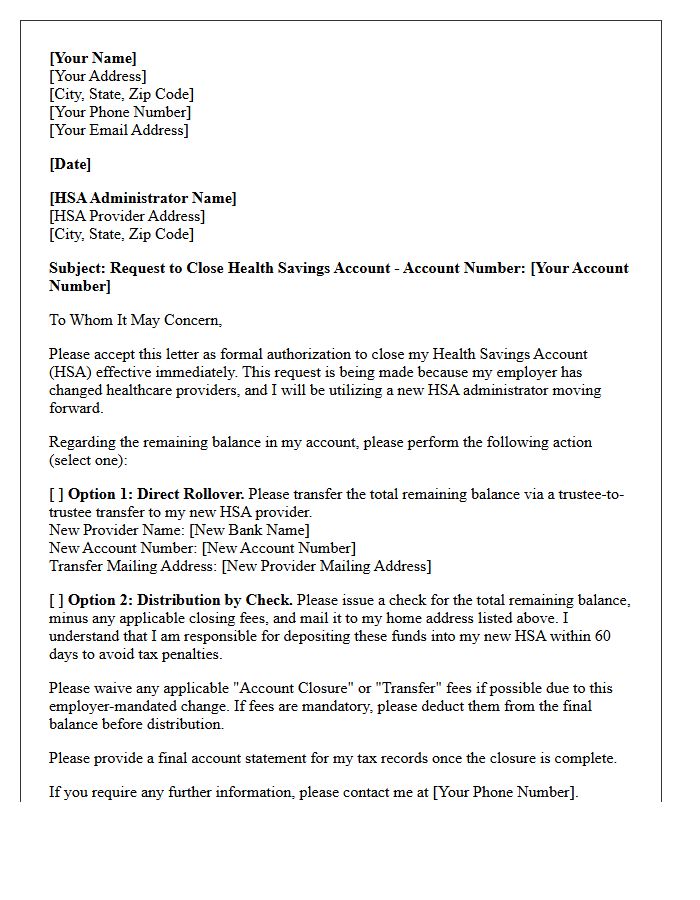 Letter to Close Health Savings Account Due to Employer Provider Change
