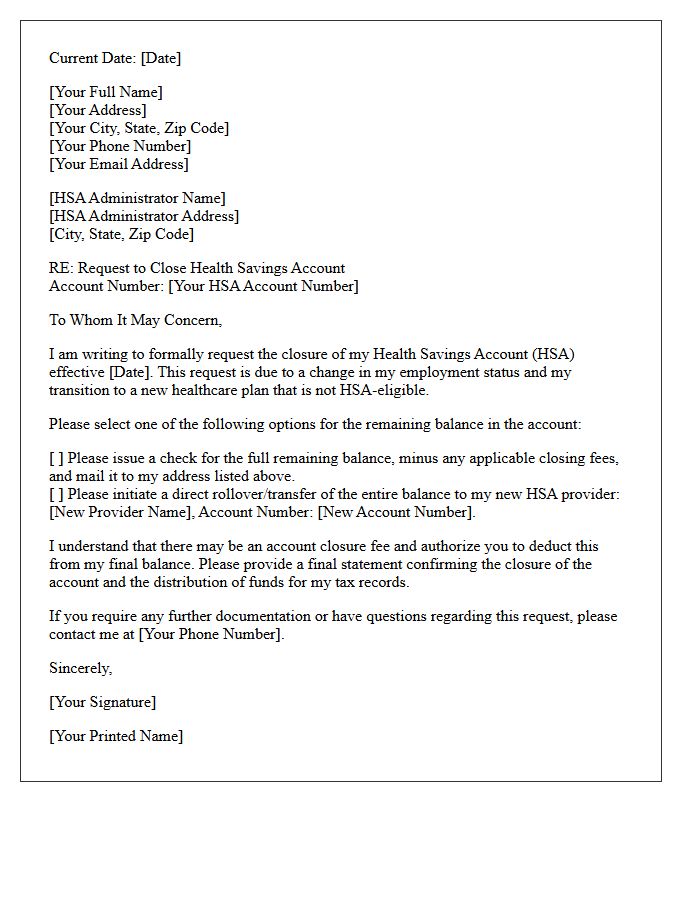 Letter to Close Health Savings Account Resulting From Change of Employer
