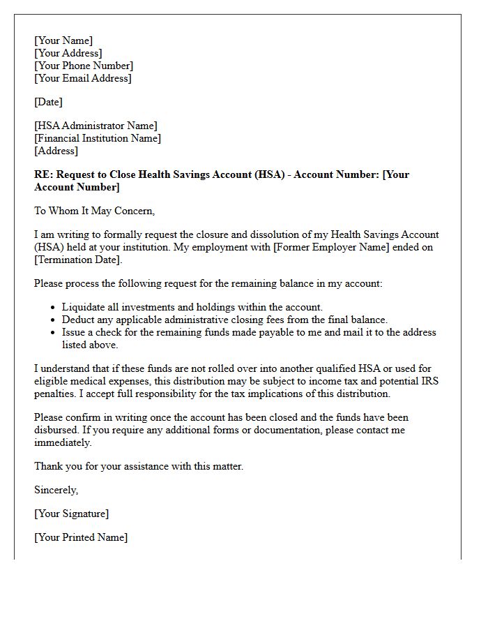 Letter to Dissolve Health Savings Account After Employment Termination