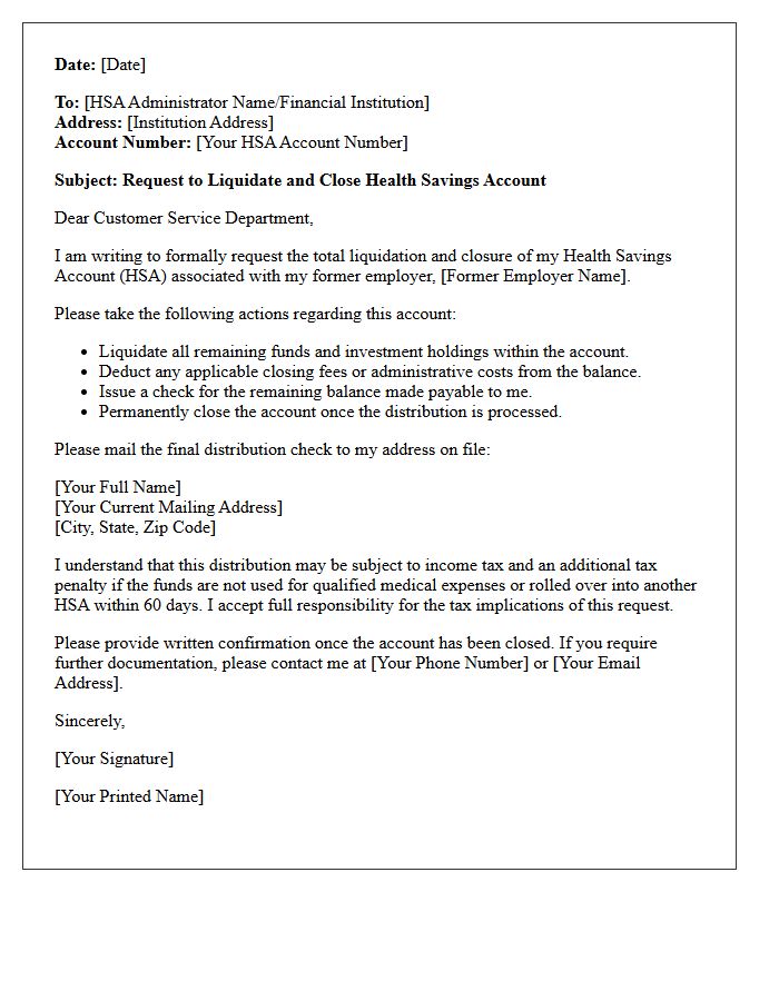 Letter to Liquidate and Close Health Savings Account Upon Job Change