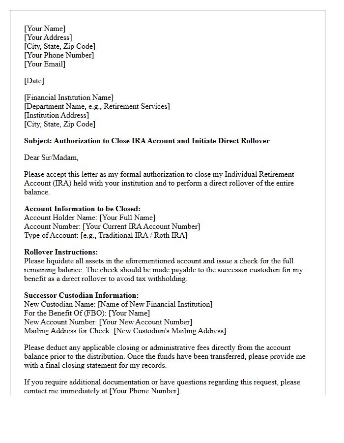 Client Letter Authorizing Individual Retirement Account Closure and Rollover
