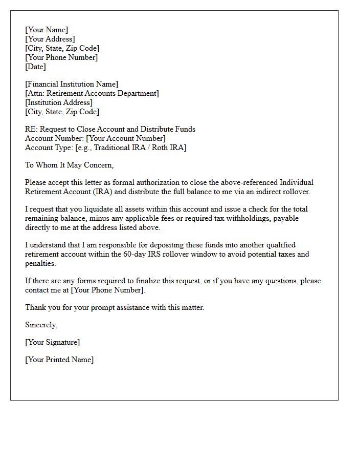 Indirect Rollover Letter to Close Individual Retirement Account