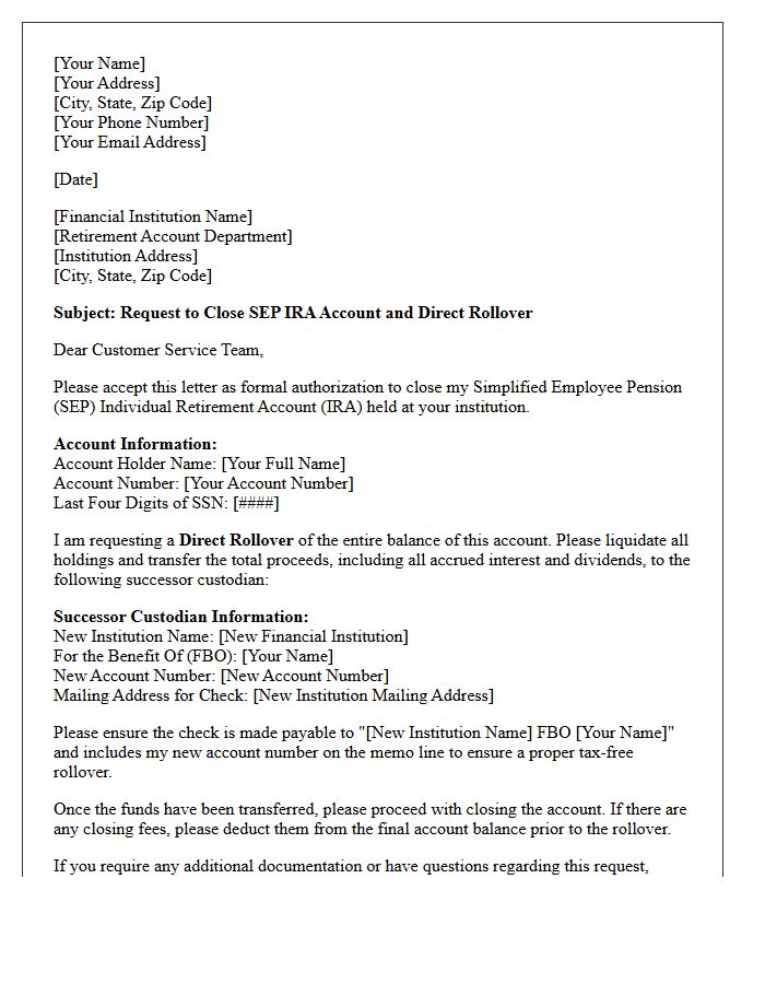 Letter to Close Simplified Employee Pension Individual Retirement Account for Rollover