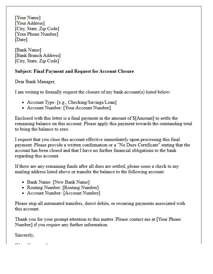 Final Payment and Account Closure Letter to Bank
