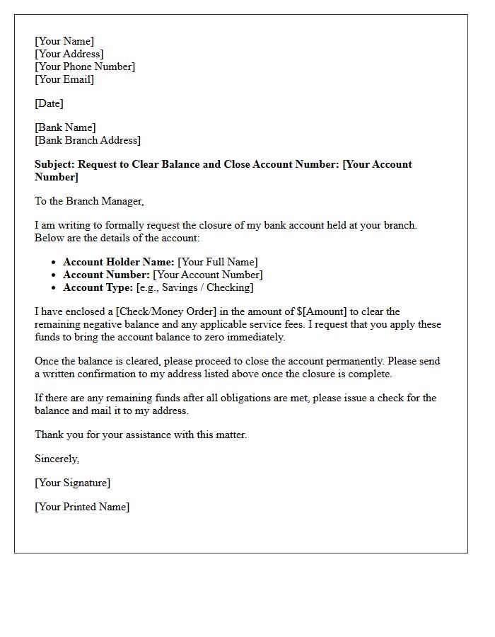 Letter of Payment to Clear and Close Bank Account