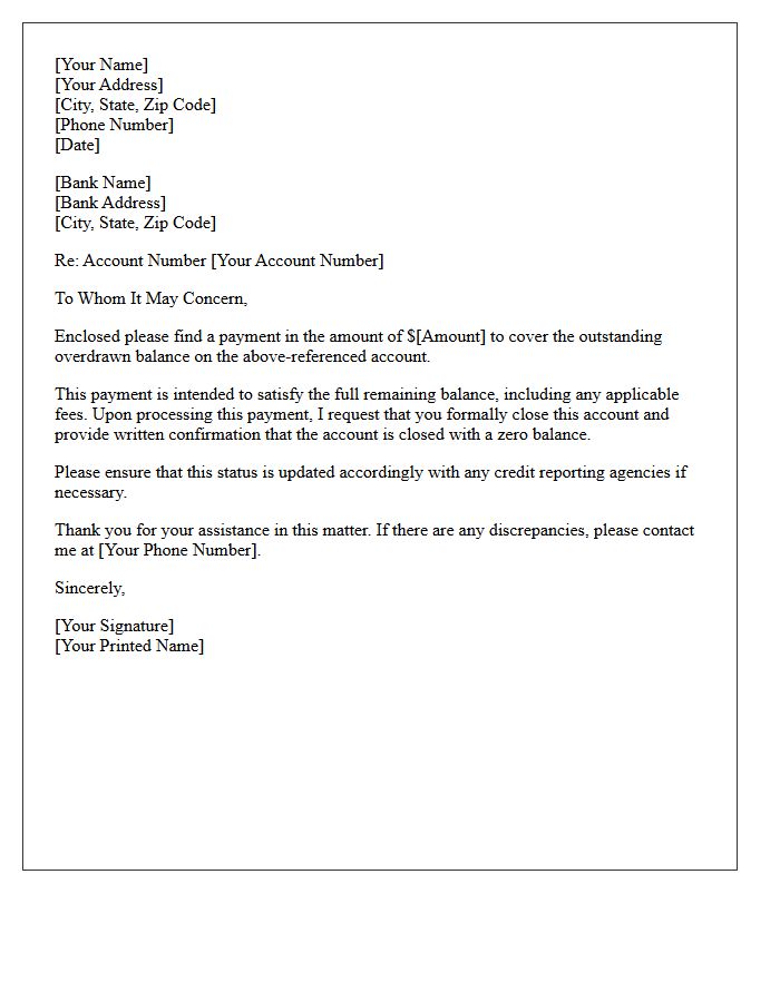 Letter Remitting Final Payment to Close Overdrawn Account