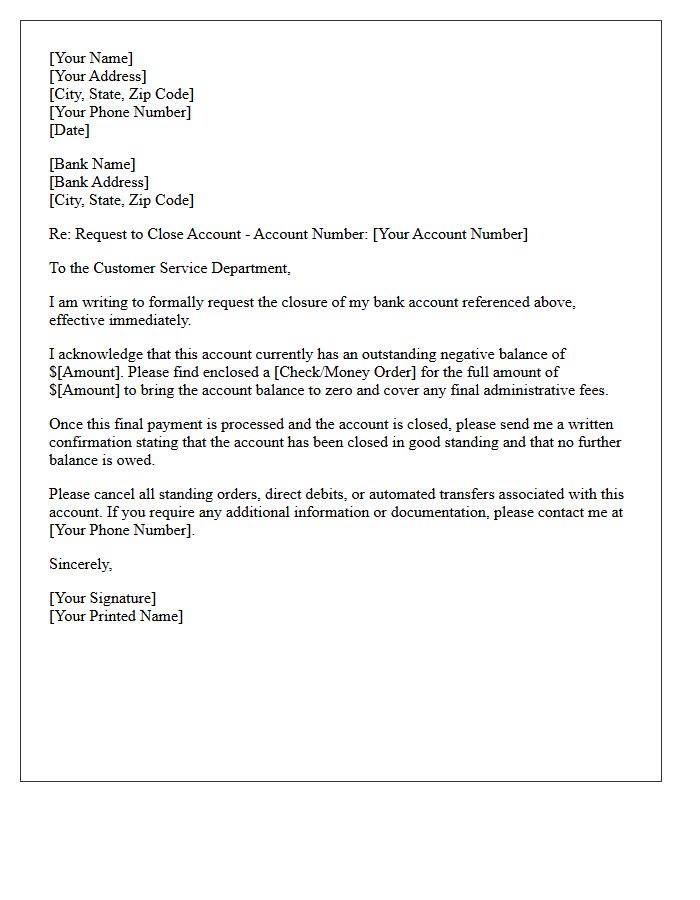Letter to Close Overdrawn Bank Account with Final Payment