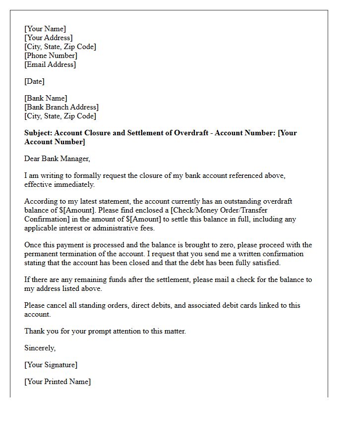 Letter to Settle Overdraft and Terminate Bank Account