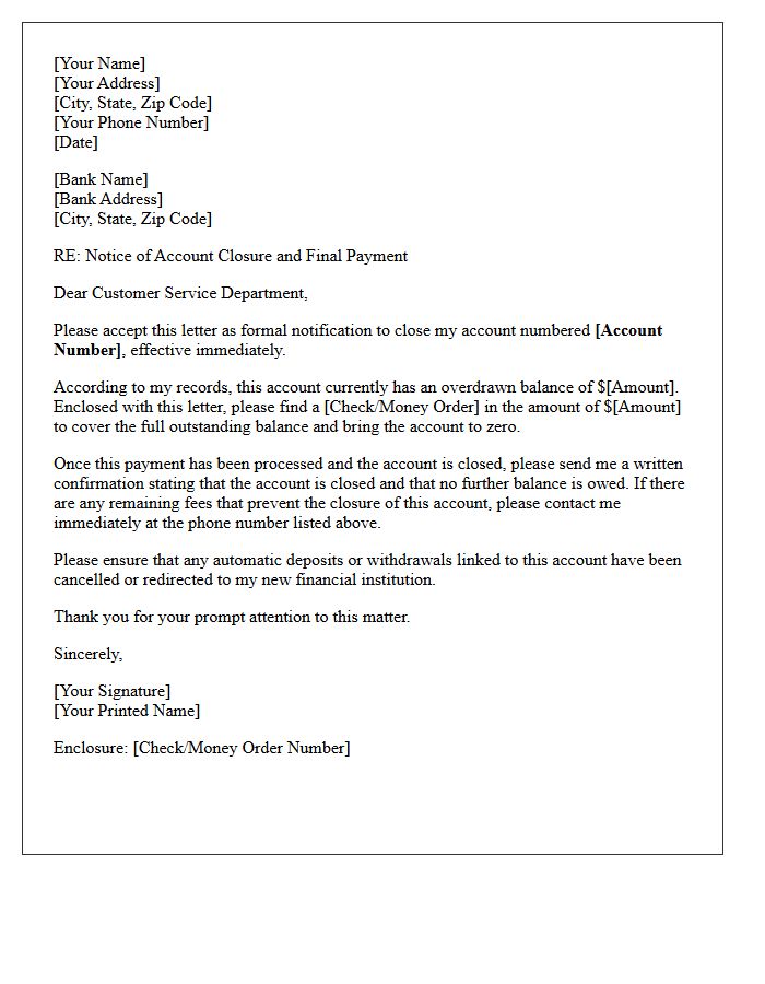Overdrawn Account Closure Letter with Enclosed Payment