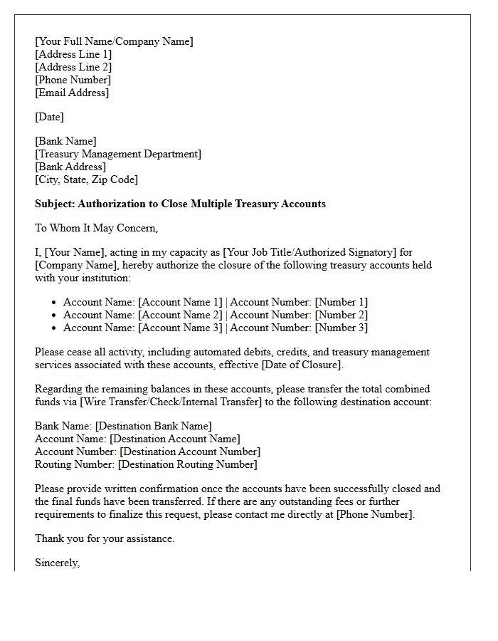 Letter of Authorization to Close Multiple Treasury Accounts