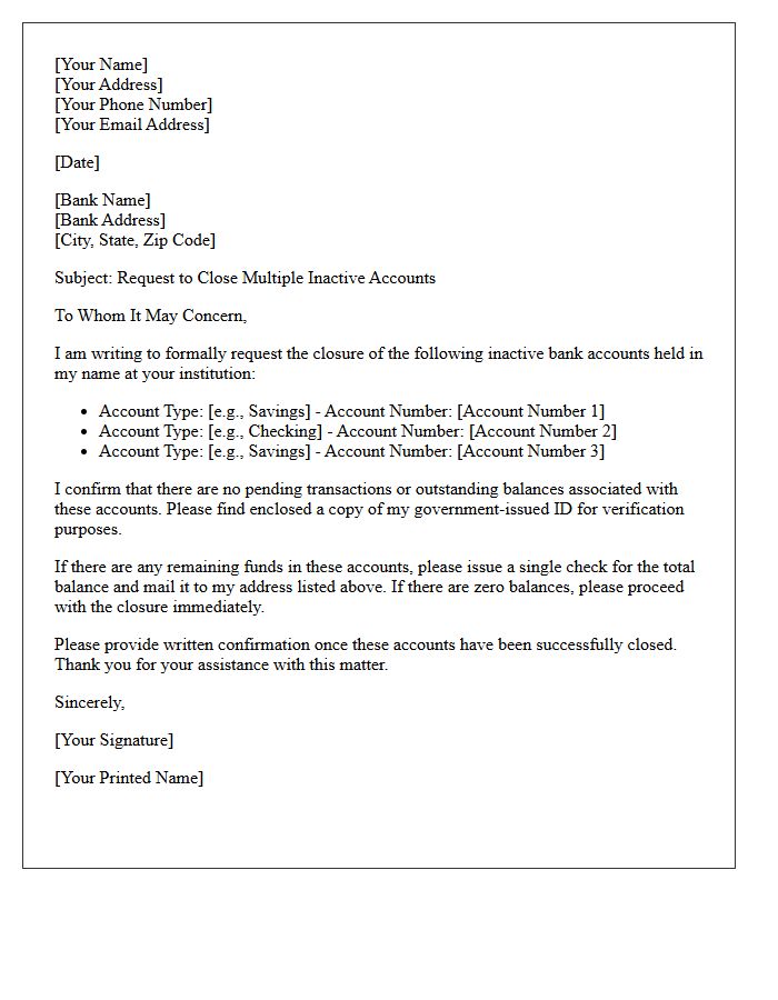 Letter Requesting Closure of Multiple Inactive Bank Accounts