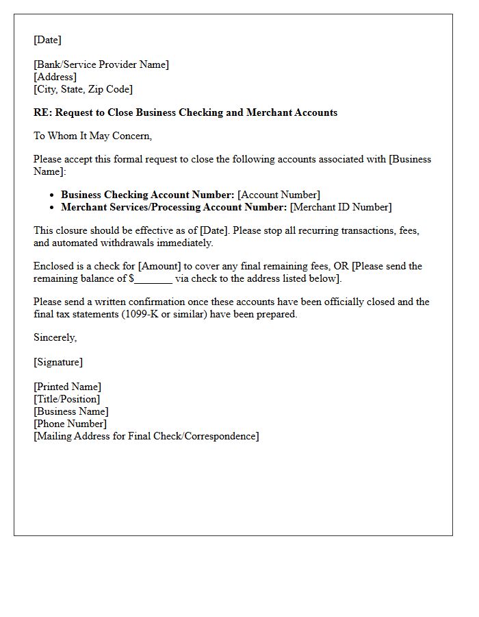 Letter to Close Business Checking and Merchant Accounts