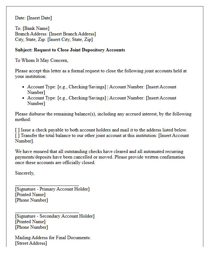 Letter to Close Joint Depository Accounts Within the Same Institution