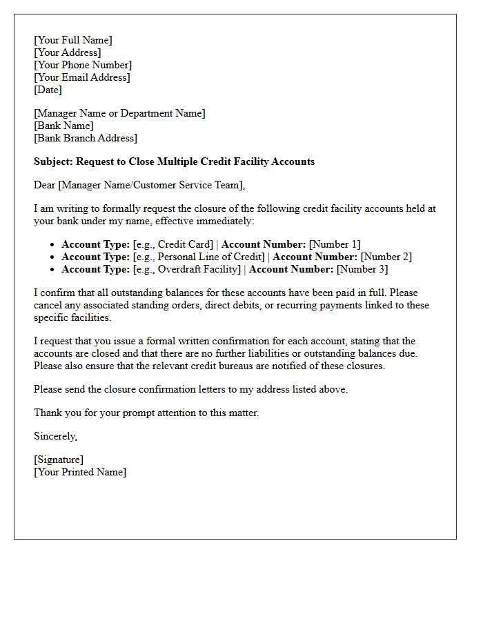Letter to Close Multiple Credit Facility Accounts Within the Same Bank