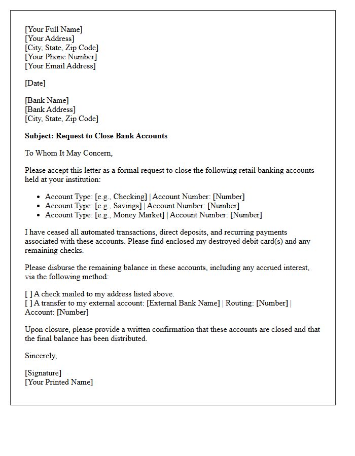 Letter to Close Multiple Retail Banking Accounts