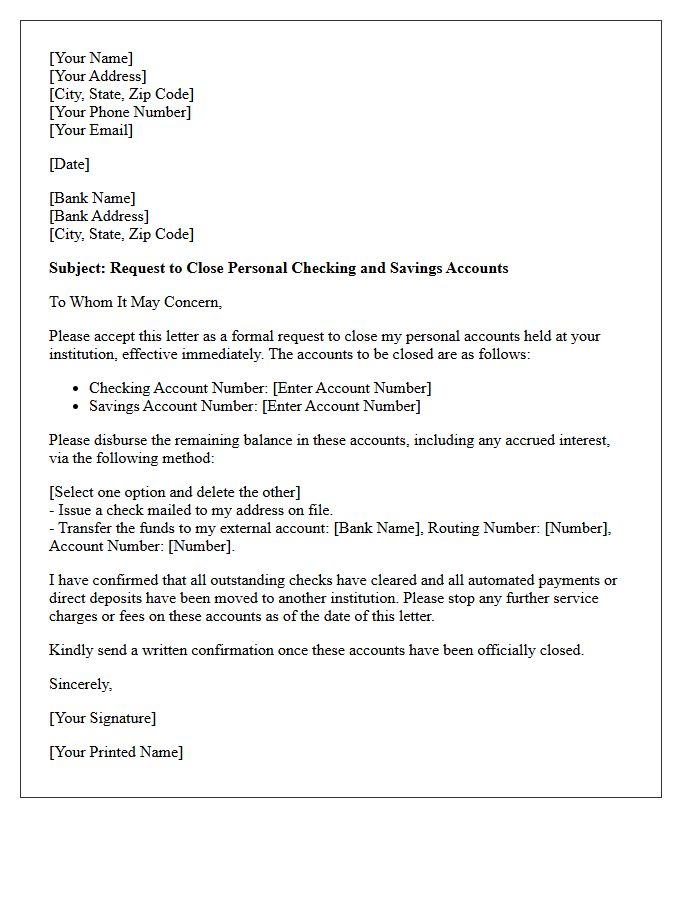 Letter to Close Personal Checking and Savings Accounts