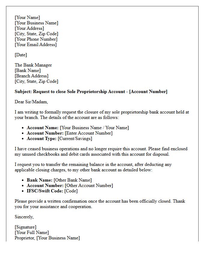 Bank Manager Addressed Letter to Close Sole Proprietorship Account