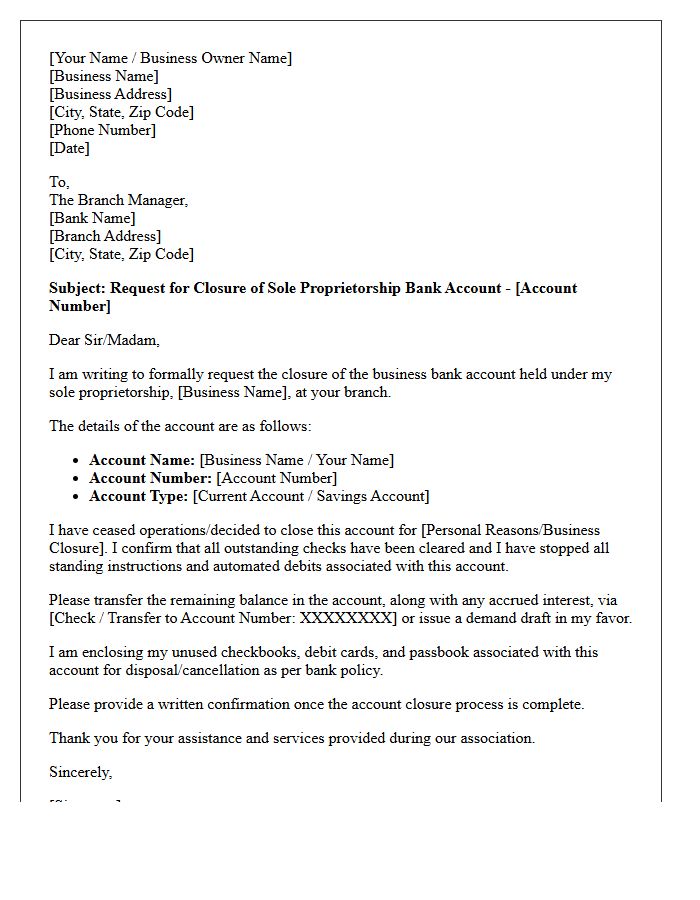 Formal Letter Requesting Closure of Sole Proprietorship Bank Account