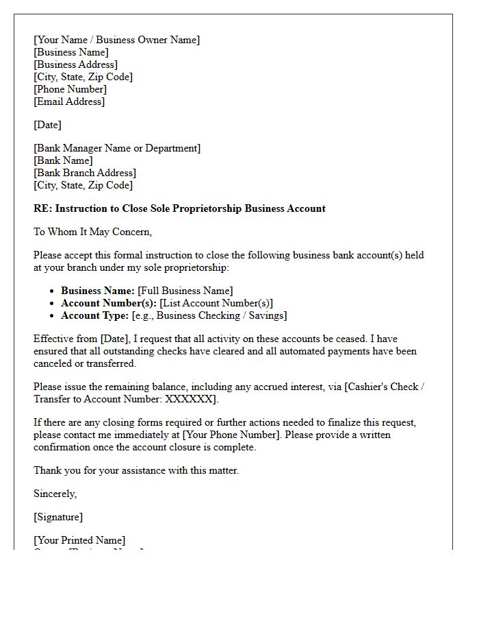 Letter of Instruction to Close Sole Proprietorship Business Account
