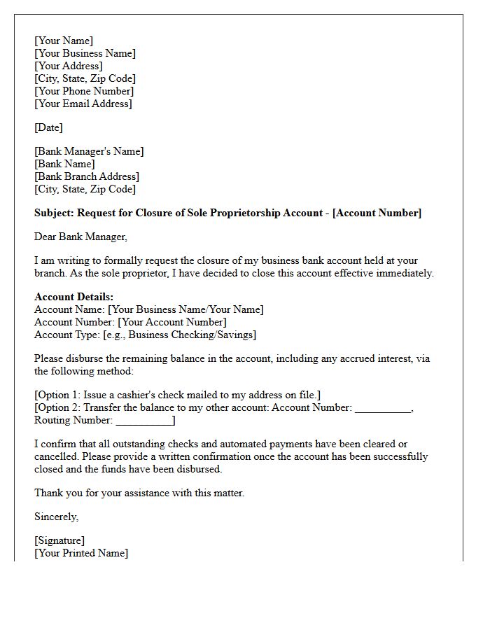 Letter of Request for Sole Proprietorship Bank Account Closure and Balance Disbursement