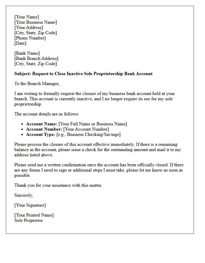 Letter to Close Inactive Sole Proprietorship Bank Account