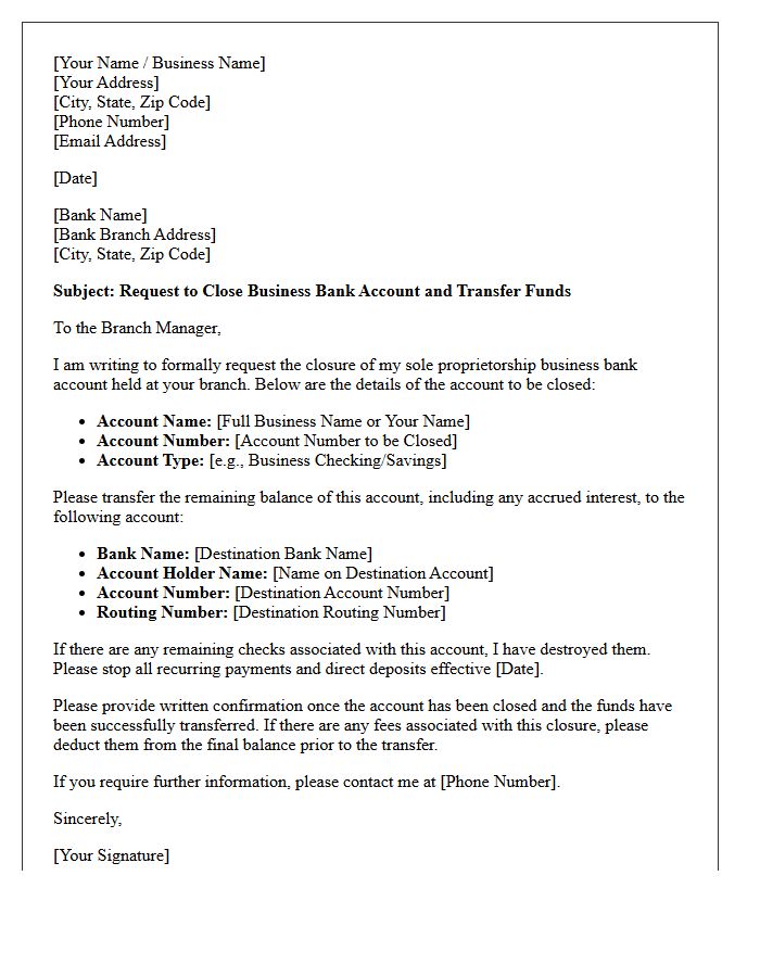 Letter to Transfer Funds and Close Sole Proprietorship Bank Account