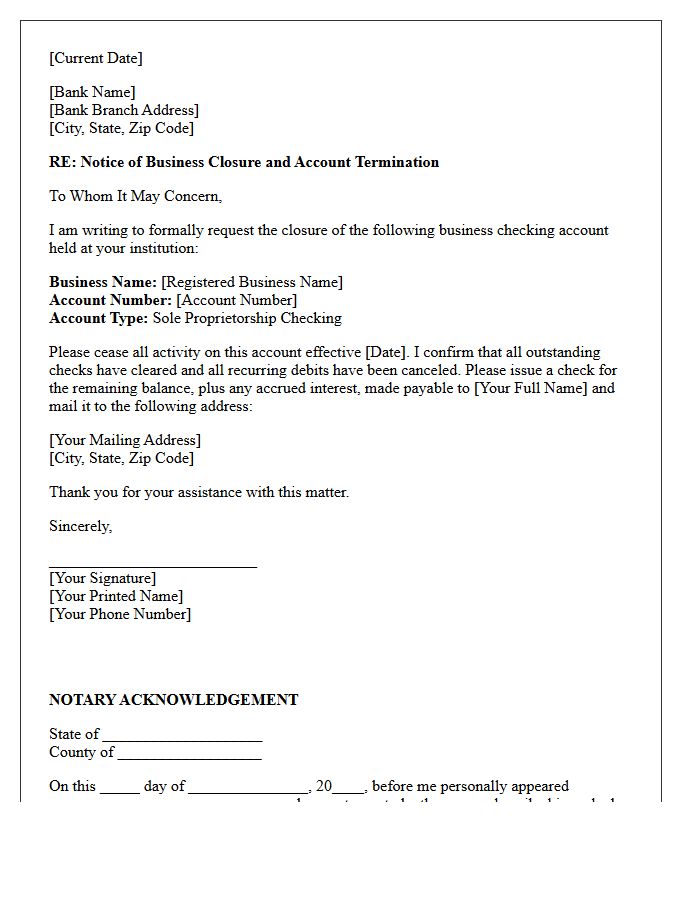 Notarized Letter to Close Sole Proprietorship Checking Account