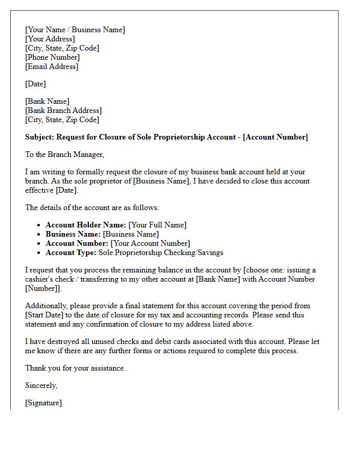 Sole Proprietorship Account Closure and Final Statement Request Letter