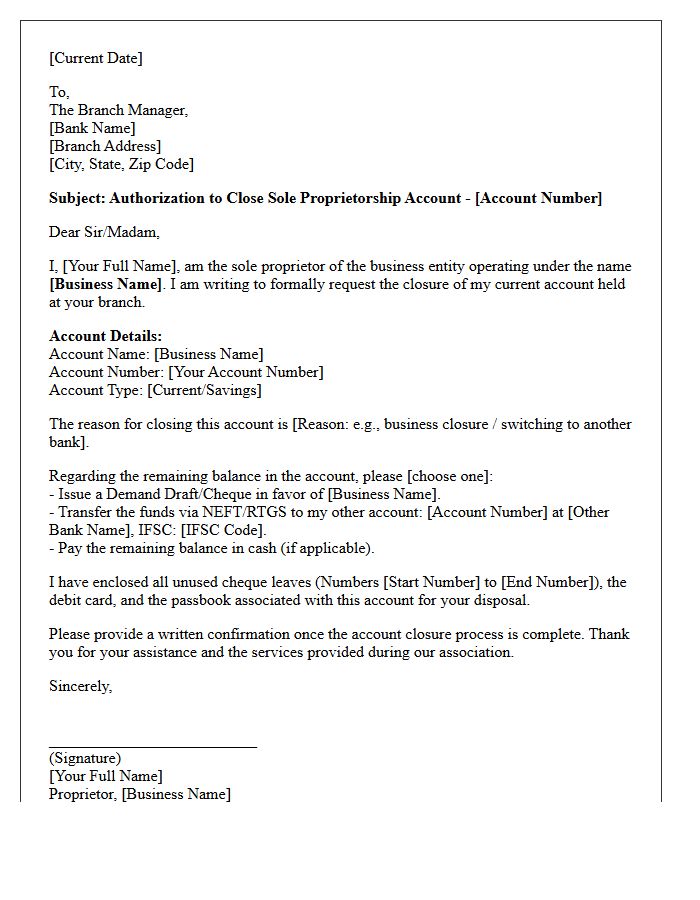 Sole Proprietorship Bank Account Closure Authorization Letter