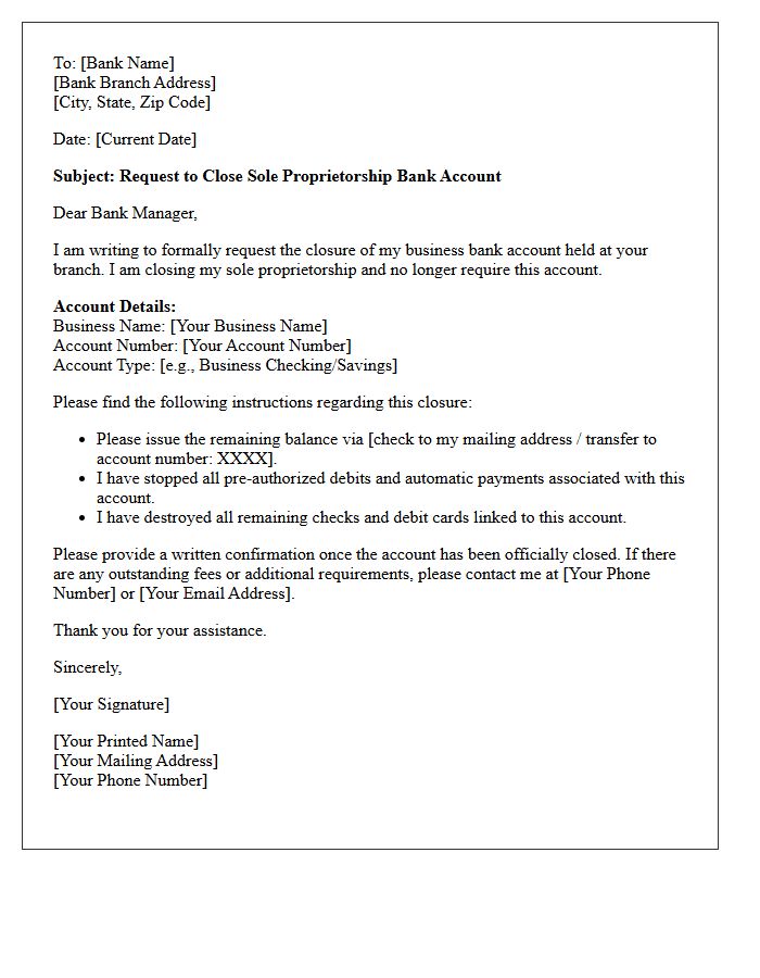 Standard Letter to Close Sole Proprietorship Bank Account