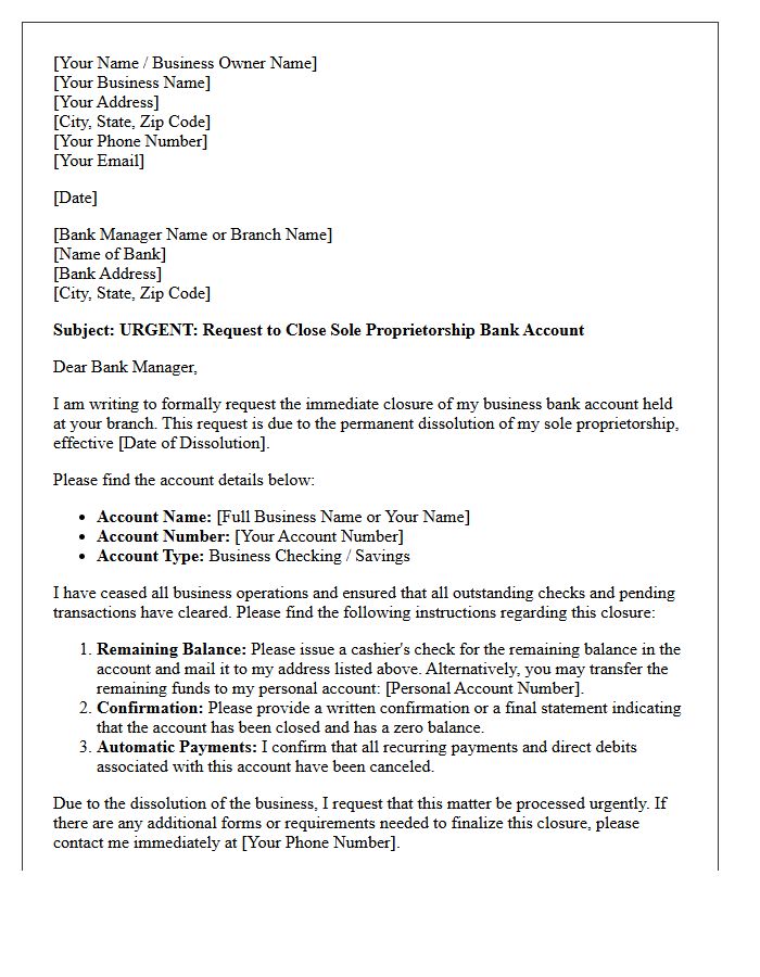 Urgent Letter to Close Sole Proprietorship Bank Account Due to Business Dissolution