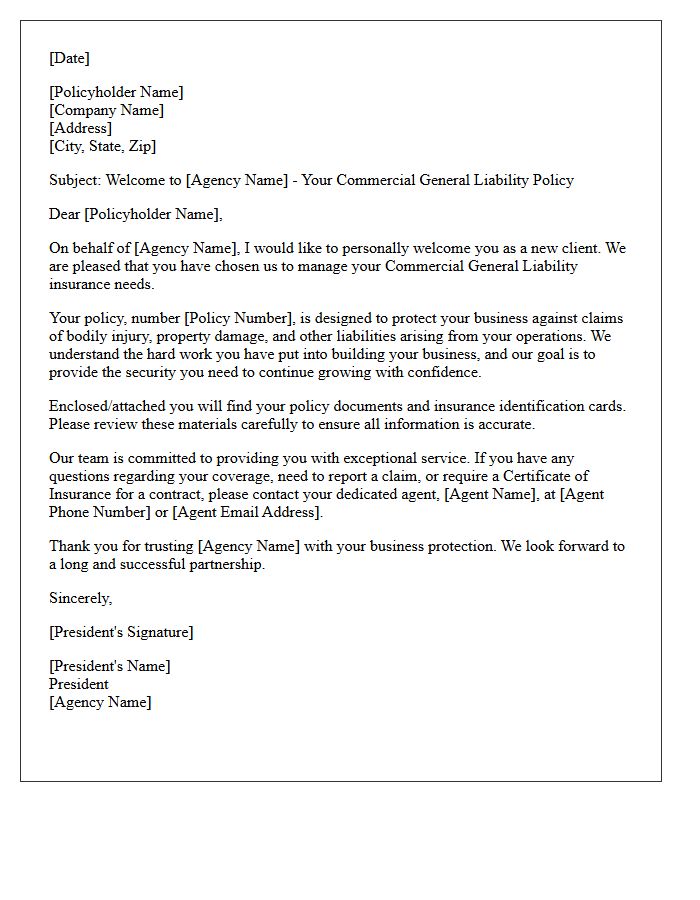 Agency President Commercial General Liability Welcome Letter