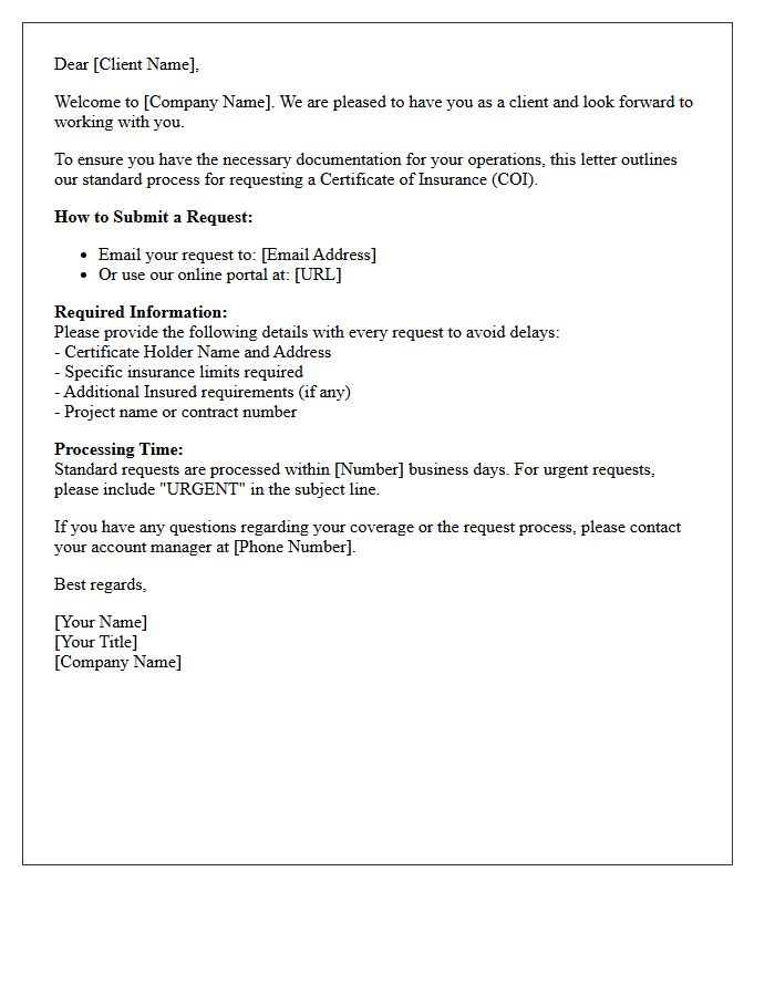 Certificate of Insurance Request Process Welcome Letter