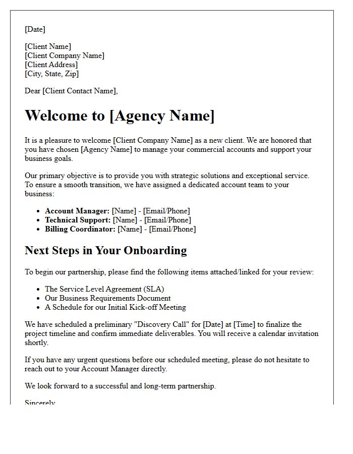 Commercial Client Onboarding and Agency Welcome Letter