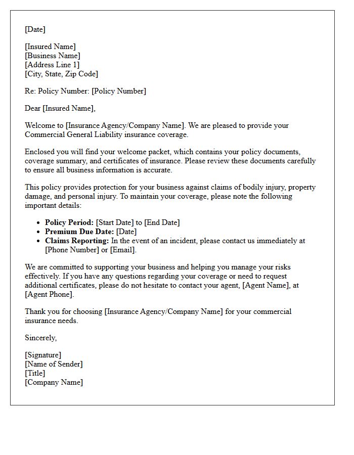 Commercial General Liability Welcome Packet Cover Letter