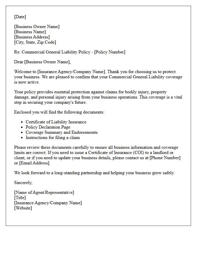 Small Business Commercial General Liability Welcome Letter