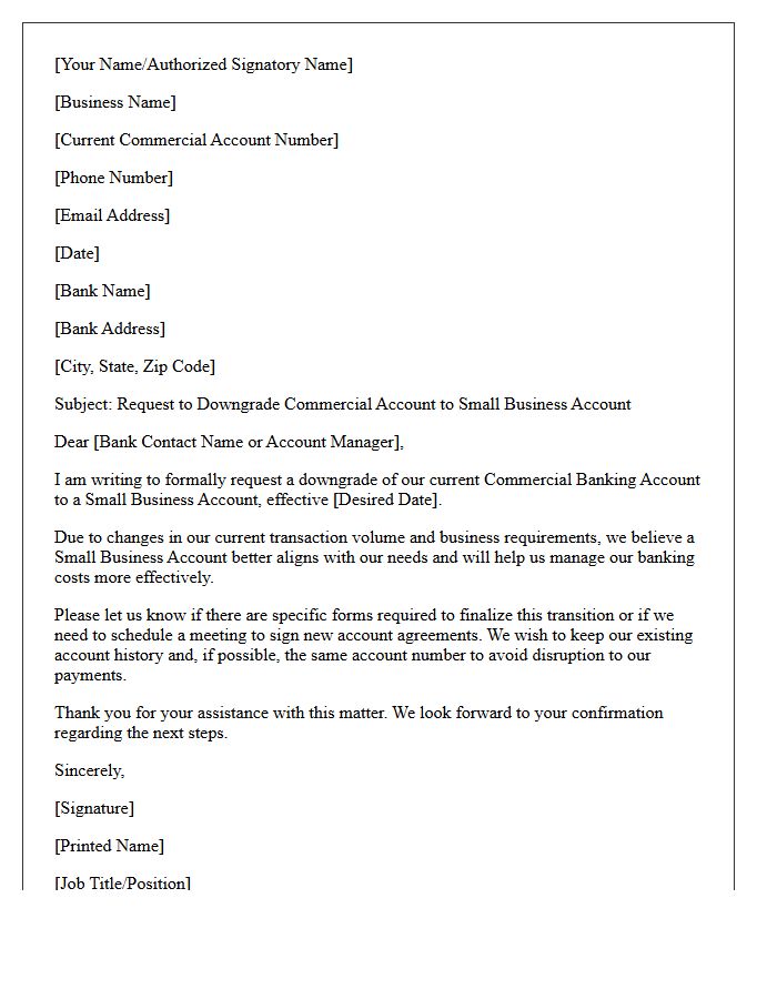 Commercial to Small Business Account Downgrade Request Letter