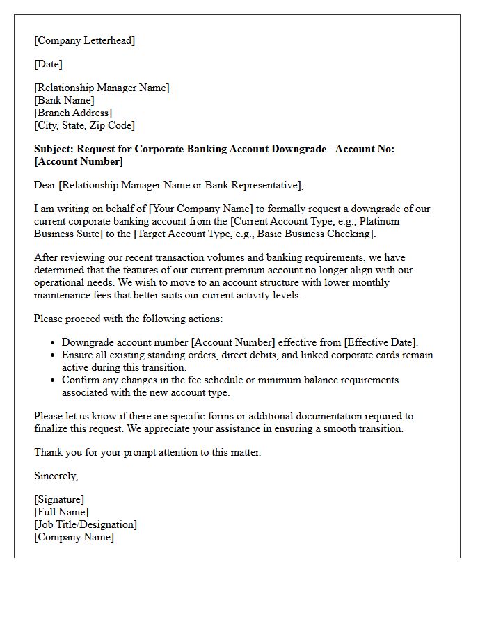 Corporate Banking Account Downgrade Request Letter