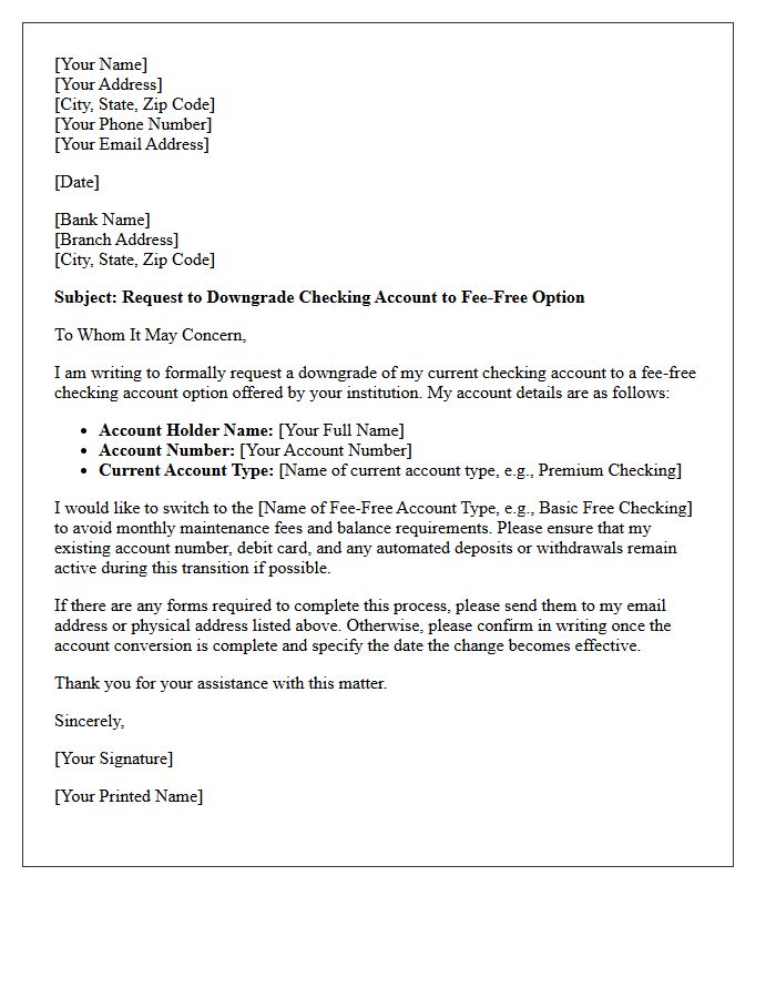 Fee-Free Checking Account Downgrade Request Letter