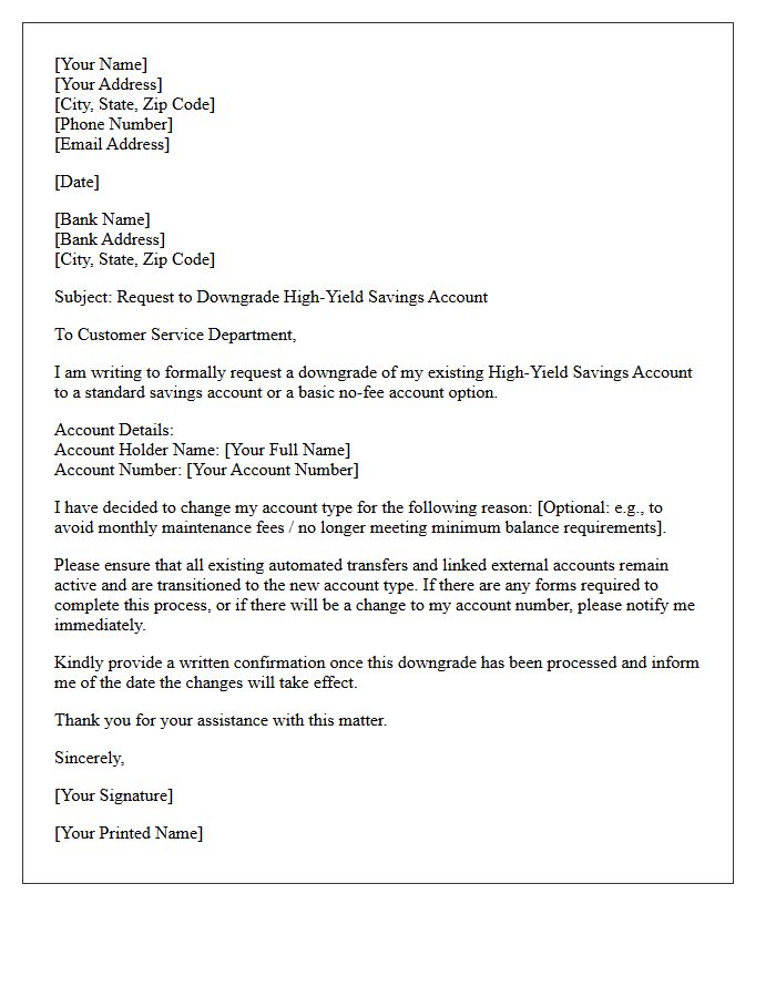 High-Yield Savings Account Downgrade Request Letter