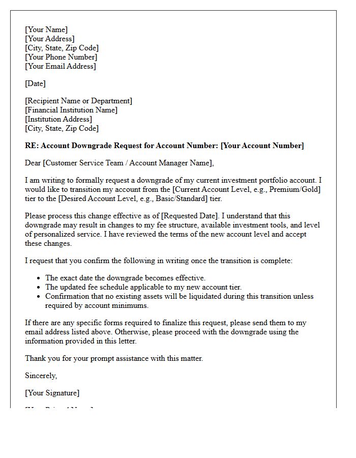 Investment Portfolio Account Downgrade Request Letter